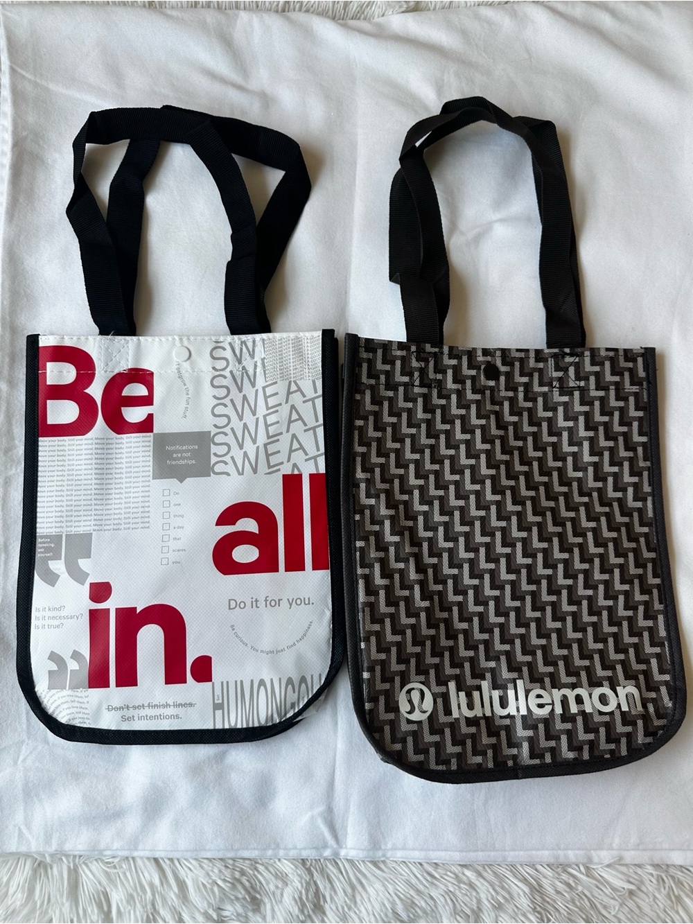 LULULEMON Reusable Shopping Tote Bags Small Set of 2 Logo Print Red White Brown